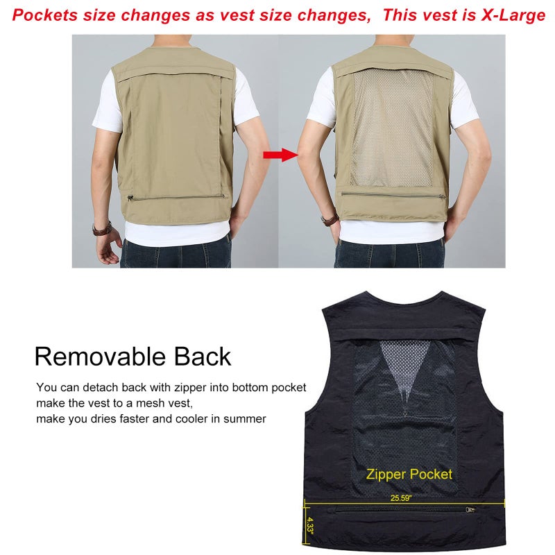Flygo Men's Utility Cargo Vest Outdoor Summer Work Photo Fishing Safari Travel Vest with Pockets(01Khaki-M) - Image 3